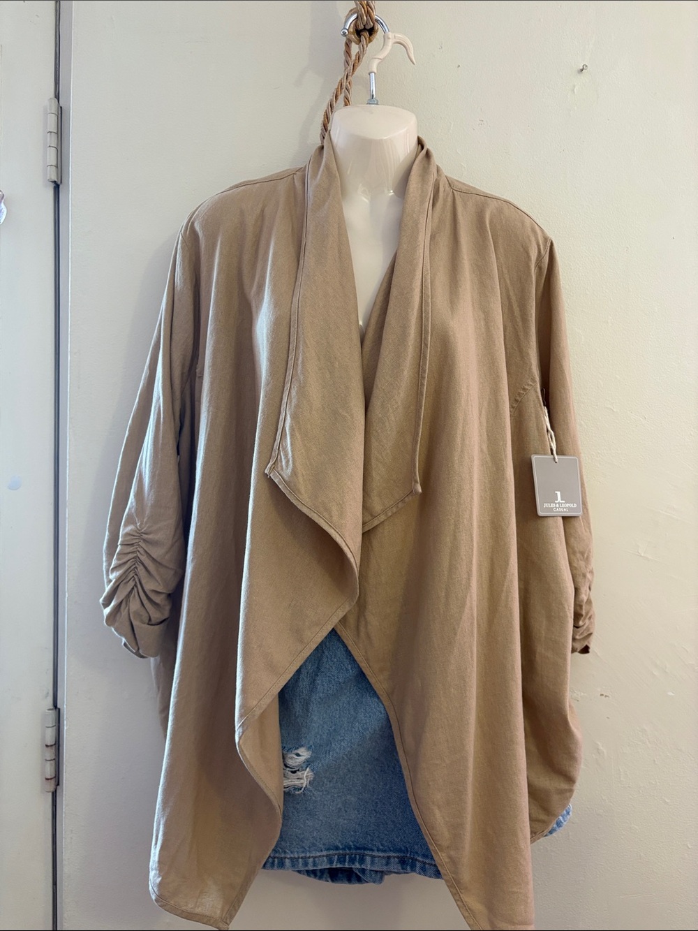 Jules & Leopold Taupe Draped Trench CardiganLINEN. RAYON